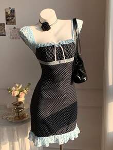 Vestido de mujer con estampado de lunares y parches de encaje - Negro - Ver 3
