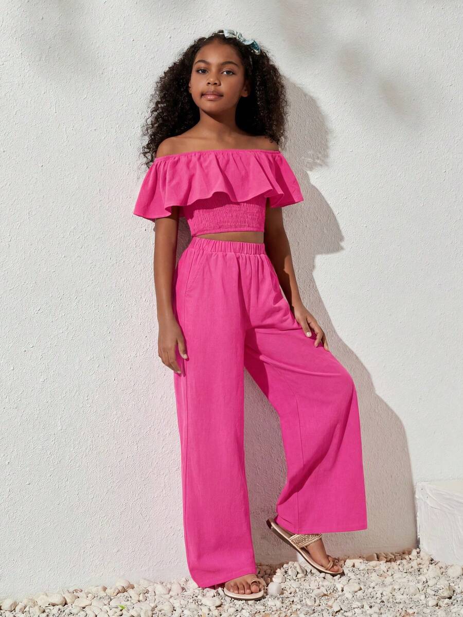 SHEIN Tween Girls' Casual Solid Color Off-Shoulder Cropped Top And Wide Leg Pants Set, Spring/Summer - Hot Pink - View 1