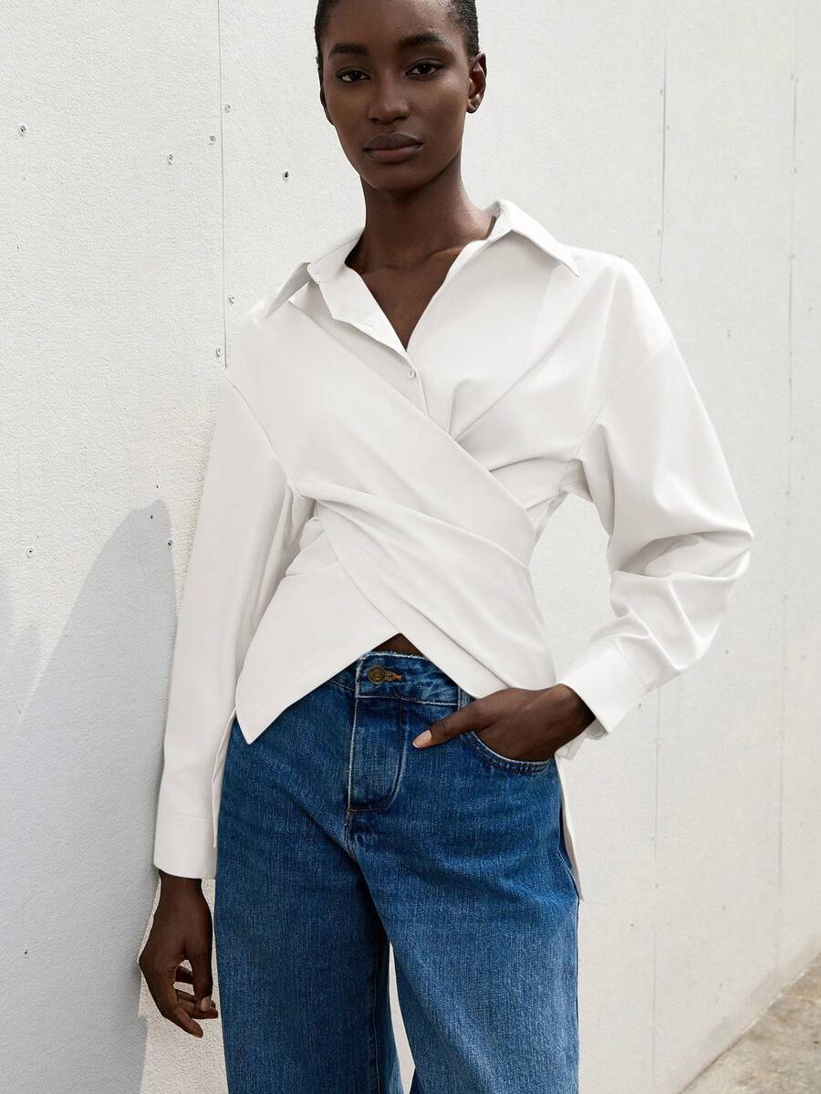 Aveloria Zanirela Solid Criss Cross Wrap Front Shirt Workwear  - White - View 1