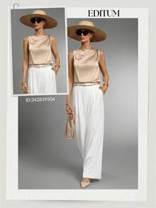 女士常规褶皱缎面无袖垂褶上衣 优雅缎面上衣 - 杏色 - 查看 11