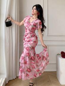 Celisse Women's V-Neck Printed Pleated Bodycon Slim Dress - Pink - View 1