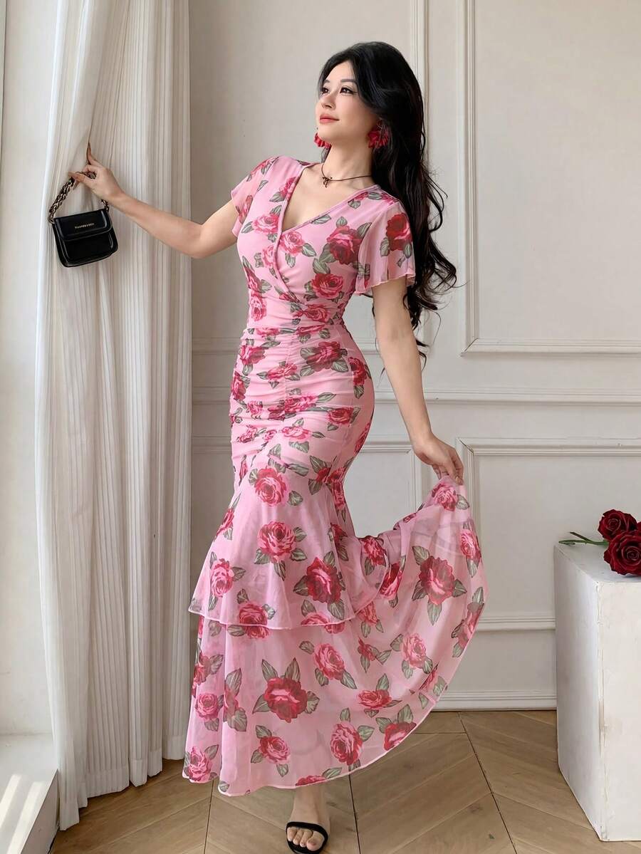 Celisse Women's V-Neck Printed Pleated Bodycon Slim Dress - Pink - View 1
