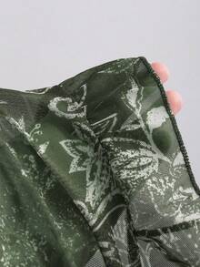 Sweetra Women's Bohemian Vintage Printed Mesh Ruffle Strap Camisole - Army Green - View 4