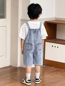 SHEIN Little Byeori Young Boy Blue Denim Bib Shorts Jumpsuit Overalls With Pockets,Summer Career Day Fashion Soft Kids Retro Outfits,Graphic Jeans Toddler Casual Jumpsuit - Medium Wash - View 8