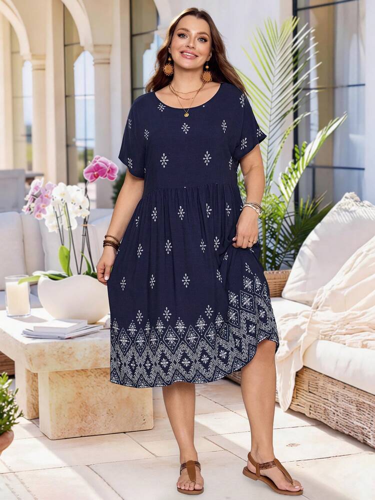Plus Size Women's Summer Casual Vacation Country Floral Print Round Neck Short Sleeve Casual Navy Blue Dress,Suitable For Summer Vacation,Casual Holiday Style,Summer Outfits For Women ,Vacation Outfits Women ,Holiday Outfits For Women,Going Out Outfits, New Clothes,Simple And Fashionable For Everyday Wear,Suitable For Summer, Vacation, Daily Wear, Festival Outfits For Women,Country Concert Outfit,Beach Outfits For Women,Western Style,Flowy Dress,Gifts For Mother,Boho Dress, Plus Size Summer Dresses For Women