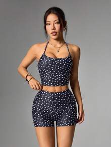 Dewbera Bộ đồ thể thao nữ họa tiết chấm bi, cổ yếm, gồm áo tank top và quần short. - Nhiều màu - Xem 3