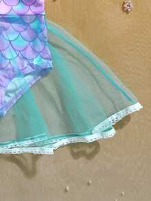 Abbigliamento da spiaggia per bambine, costume da bagno per ragazze, vacanza, casual, stile carino, costume da bagno viola, stampa a scaglie di pesce colorata, tessuto a maglia, costume da bagno con abito in rete, fiocco decorativo sul petto, costume da bagno monopezzocon inserti in rete, alla moda, casual, raffinato, elegante, femminile, adatto per nuotare, vacanza estiva, spiaggia estiva, mare, piscina, festa estiva, vacanza rilassante - Viola - Visualizzare 5