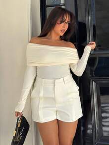 NegzBox 女士露肩修身T恤，秋冬新款长袖上衣 - 白色 - 查看 1