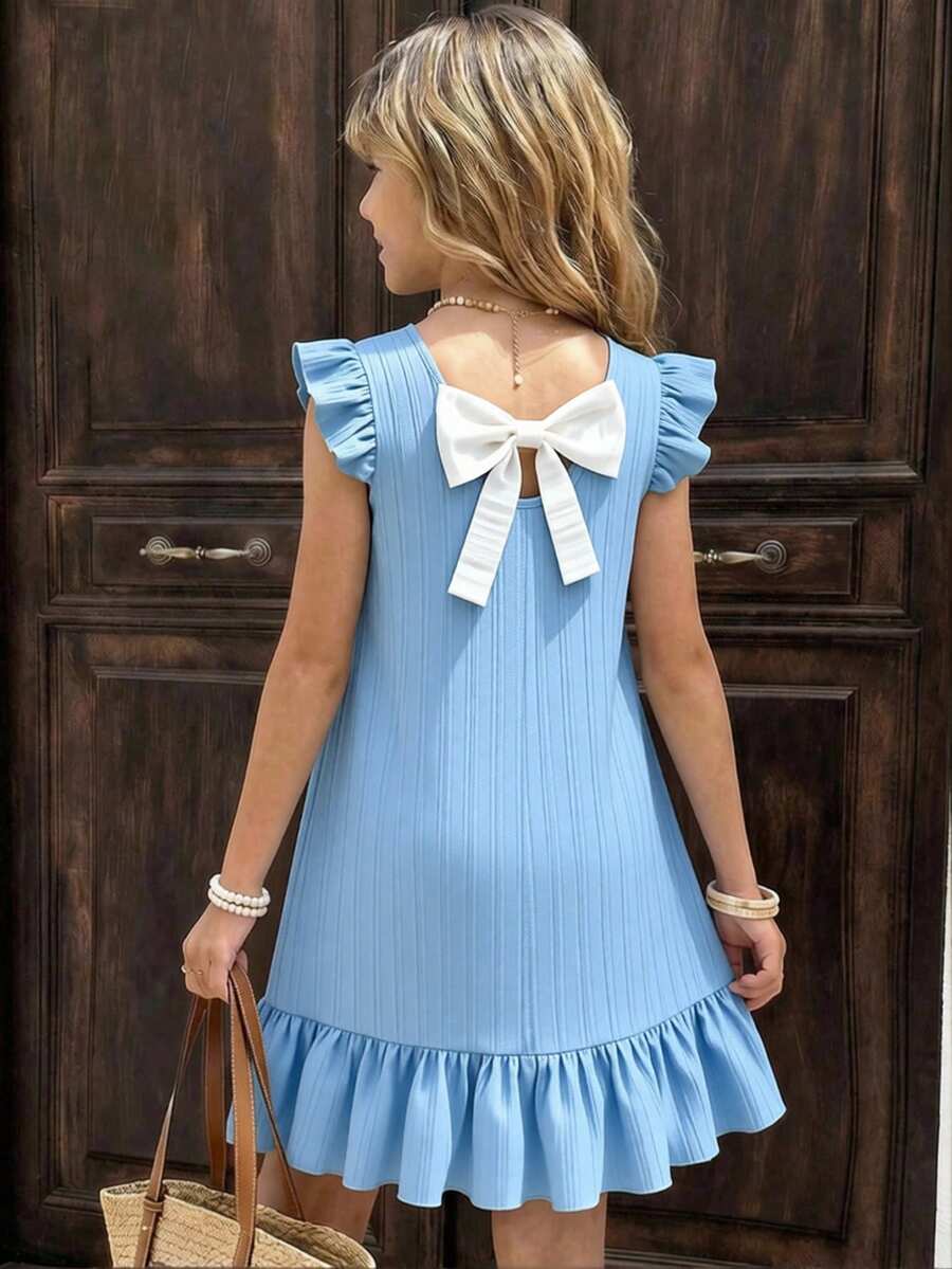 Sparklyn Tween Girls Sweet Spring Tropical Bowknot Round Neck Sleeveless Ruffle Hem Cap Sleeve Mid-Length Dress, Spring/Summer Resort - Baby Blue - View 1