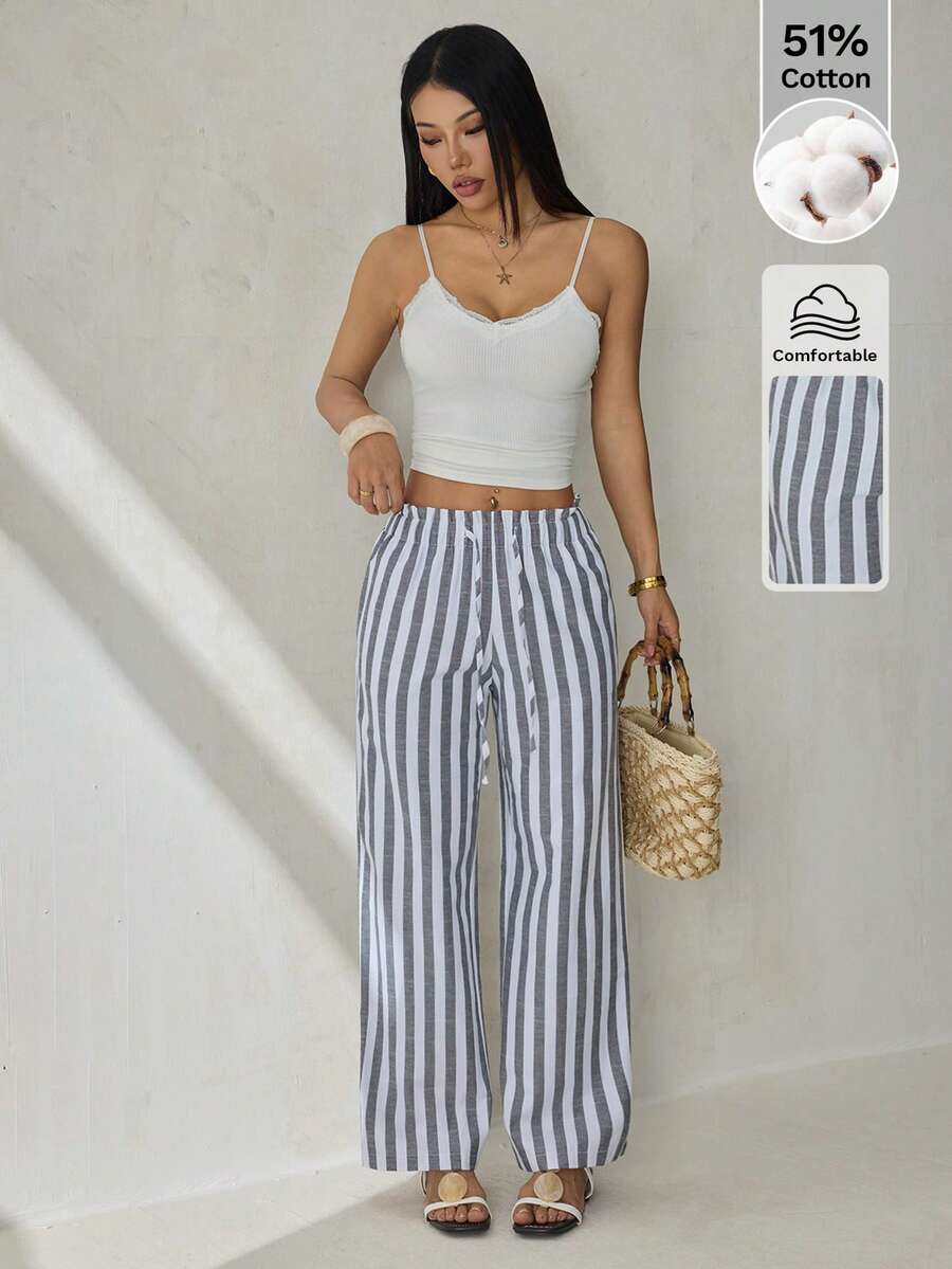 SHEIN PETITE Quần ống rộng dệt sọc đen trắng dành cho nữ, quần đi biển mùa xuân/hè, quần sọc cho nữ, quần hè, quần ống rộng mùa hè, quần ống rộng cho nữ, quần ống rộng sọc. - Đen và trắng - Xem 1