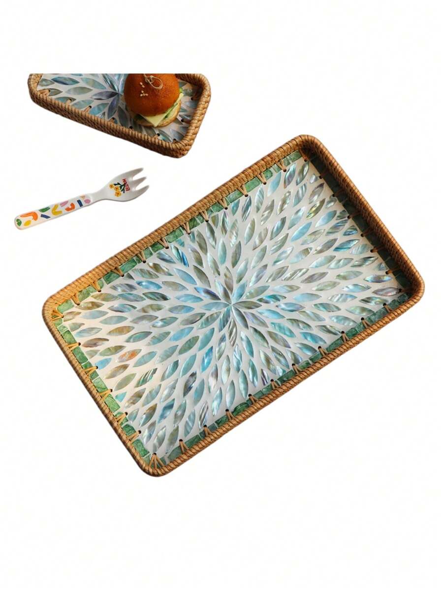 1/2Pcs Blue Leaf Rectangular Shell Inlaid Tray, Creative Handmade Colorful Shell Decorative Tray, Fruit Plate, Jewelry Organizer & Desktop Storage Tray, Perfect For Christmas & Halloween Party Decor And Gift - Baby Blue - View 1