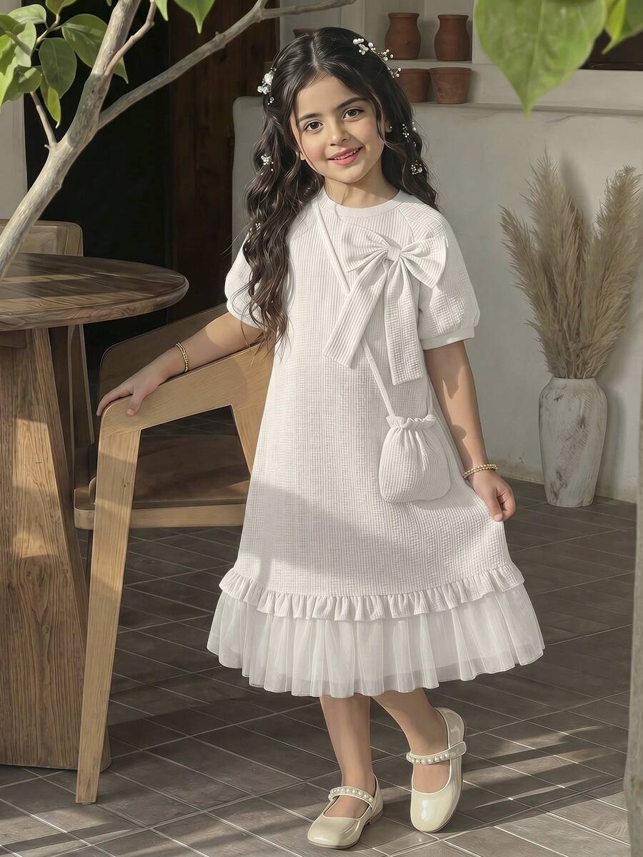 Girls' Elegant Solid Color Spring/Summer Dress, Girls' Solid Color Bow Round Neck Vest Spliced Mesh Skirt Matched With Fashionable Bag, Gentle Lady Style, Comfortable Multi-Functional Daily Outfit, Girls Clothing - White - View 1