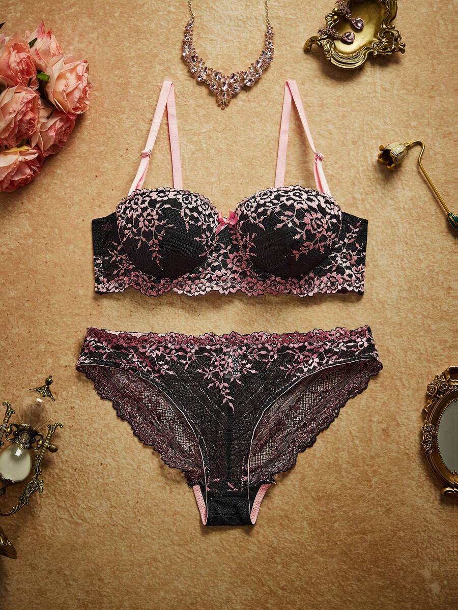 Women's Floral Lace Bow Detail Fashion Lingerie Set - Pink - View 1