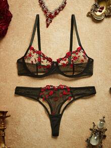 PinupPomp Embroidery Mesh Underwire Bra & Panty Lingerie Set - Black - View 3
