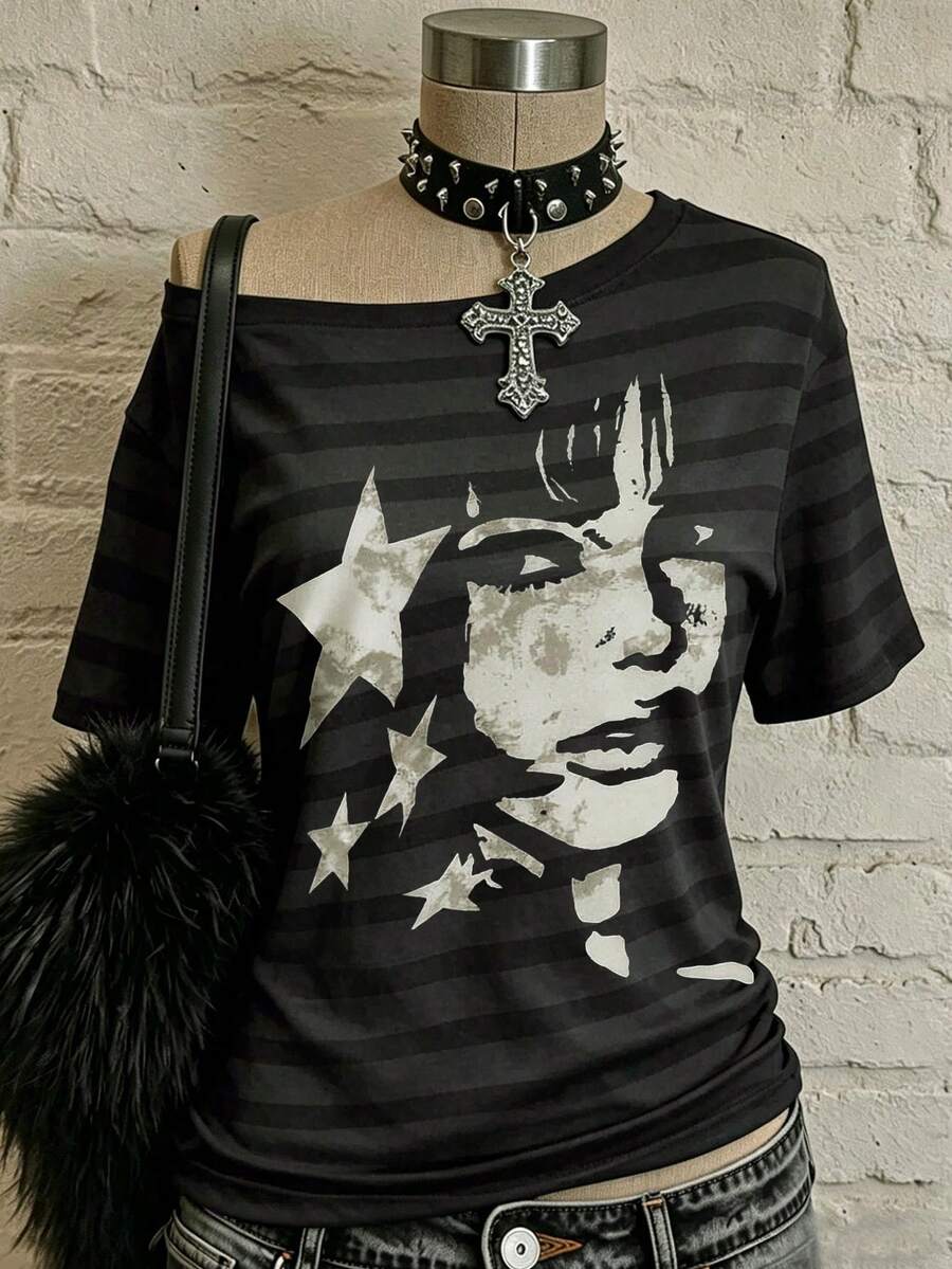 SHEIN Y2K Harajuku Style Pentagram & Figure Graphic Crop Top, Off-Shoulder T-Shirt For Women, Suitable For Spring/Summer - Multicolor - View 1