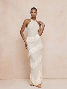 Lumalex Women's Off-White Summer Elegant Turtleneck Bodycon Asymmetrical Fringe Maxi Sweater Dress,Luxury Holiday Vacation Party Graduation Soirées Holiday - Apricot - View 9