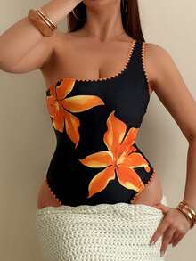 SHEIN Swim Women's Summer Vacation White Base Flower Tropical Style Sexy Halter One-Piece Swimsuit Beach Golf Outfit - Black - View 5