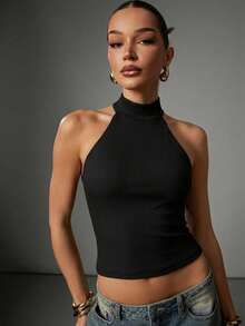 Hauture Sexy Casual Rib Knit Backless Halter Neck Top Summer Fashionable Stretchy Bodycon Sculpted Tank Cami Top - Black - View 3