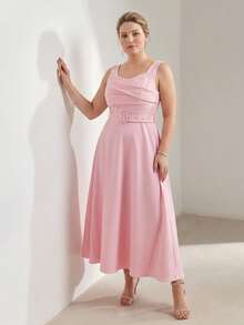 MOTF PREMIUM PLUS SIZE WOMEN'S ASYMMETRICAL RUCHED BUST BELTED WAIST FLARE DRESS, SPRING/SUMMER - Pink - View 3