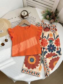 SHEIN Baby Girl Fashion Ruffled Sleeve Textured Tank Top And Floral Print Casual Pants Set - Multicolor - View 3