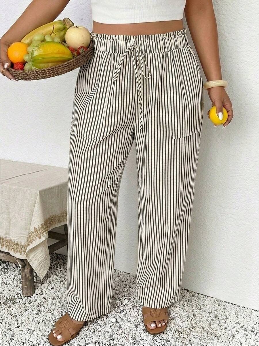 SHEIN Frenchy Quần dài kẻ sọc dáng rộng dành cho nữ, phong cách thường ngày thoải mái, quần hè. - Đen và trắng - Xem 1