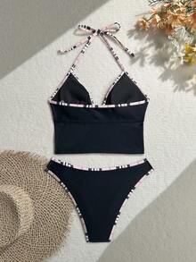 Swim Lushoire Conjunto de tankini de traje de baño con tirantes de espagueti y ribete a cuadros negros para mujer - Negro - Ver 2