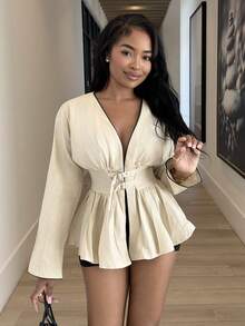 Alexandranx 女士棉质撞色修腰衬衫，秋冬新品 - 杏色 - 查看 6