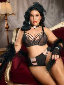 PinupPomp 2pcs Plus Size Women Sexy Lace Patchwork Underwire Bra Set - Multicolor - View 1