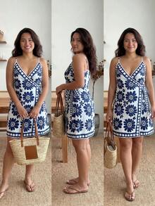 Enliva Váy hai dây buộc họa tiết hoa cỡ lớn, Quần áo nữ Boho, Quần áo nữ đi nghỉ nhiệt đới, Gợi cảm - Xanh và trắng - Xem 4