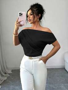 Elenzga Blusa de mujer nueva para primavera/verano, de diseño asimétrico elegante en los hombros, con textura plisada, de unicolor minimalista, holgada y favorecedora, adecuada para festivales, reuniones, uso casual y laboral, con bajo curvo, en color amarillo claro - Negro - Ver 3