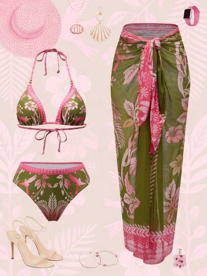 Swim Oasis Bộ đồ bơi cao cấp in họa tiết retro màu hồng và xanh lá cây phong cách Boho 2026SS, mang đến vẻ thanh lịch, trưởng thành cho hồ bơi, khu nghỉ dưỡng, bãi biển và những dịp thư giãn.