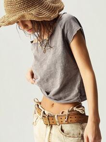 Bohemela Solid Color Knit Boat Neck Fitted Washed T-Shirt For Women,Summer Top - Apricot - View 4