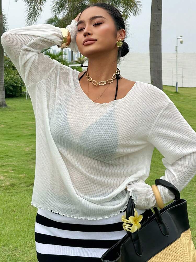 Dazy Plus Plus Size Women's Casual Deep V-Neck Loose Batwing Sleeve White Cover-Up Top, Versatile For Spring & Summer