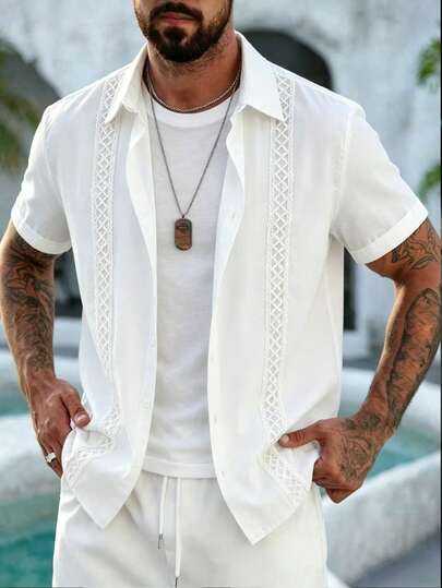 EGENSIO Men's Solid Color Casual Loose Fit Short Sleeve Shirt With Dual Floral Trim