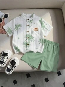 SHEIN Genkimix Kids 男童夏季椰子树字母印花翻领衬衫（带口袋）搭配纯色休闲短裤套装（2件套），适合外出、度假及各种场合。 - 薄荷綠 - 查看 5