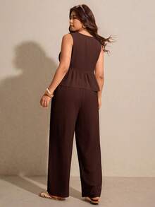 Elaquor Plus Size Casual Solid Color Tank Top And Pants 2 Pieces Set - Coffee Brown - View 2