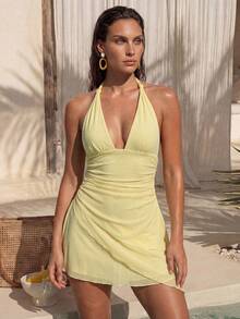 Swim Chiccia Ladies Solid Color Simple Halter Backless Vacation Dress Party Elegant Summer - Yellow - View 3