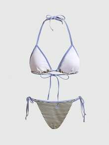ROMWE Avant Traje de baño de estilo patchwork con estampado de rayas amarillas y sexy para verano, adecuado para la playa, fiestas de cumpleaños y atuendos de playa. Conjunto de bikini elegante y casual de 2 piezas con estilo bohemio para vacaciones - Amarillo - Ver 2