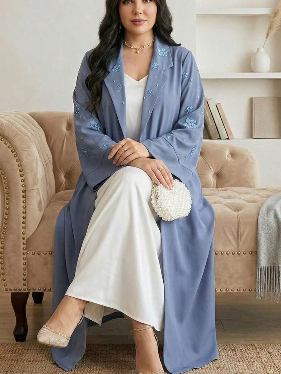 Al Najma Abaya elegante con bordado floral para mujer de talla grande