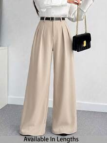 SHEIN Tall CURVE 大码女式纯色褶皱休闲百搭日常裤 - 卡其色 - 查看 1
