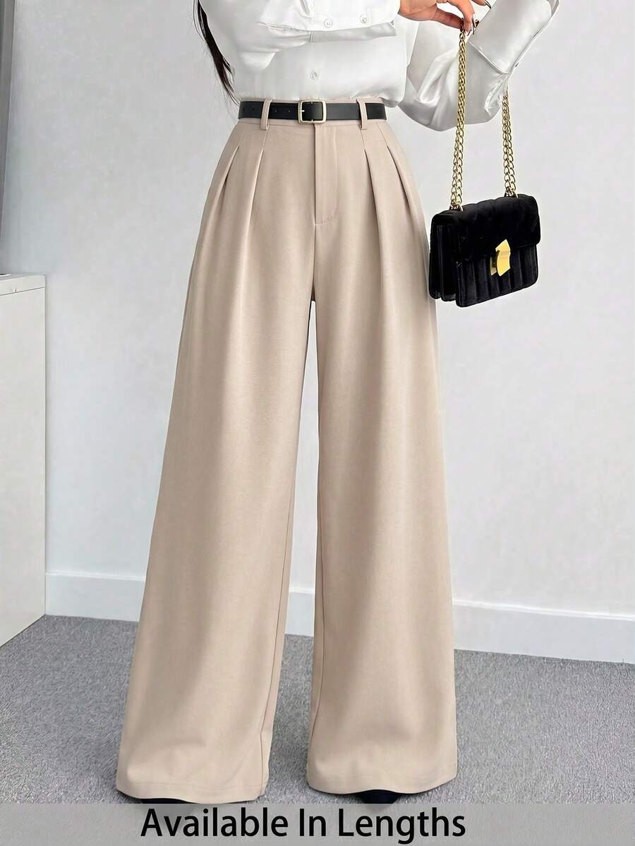 SHEIN Tall CURVE 大码女式纯色褶皱休闲百搭日常裤 - 卡其色 - 查看 1
