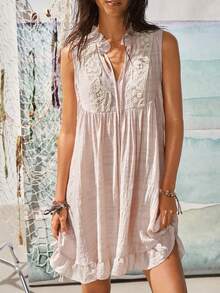 Women's V-Neck Tie Floral Lace Patchwork Ruffle Hem Casual Retro Mini Dress - Baby Pink - View 4