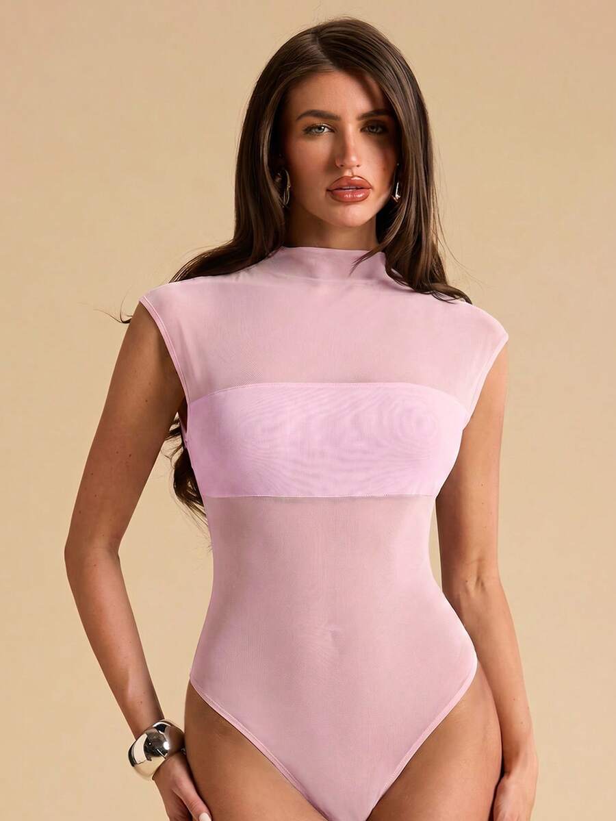 SHEIN BAE Áo liền thân không tay màu đen gợi cảm, chất liệu lưới xuyên thấu, phối họa tiết bất đối xứng. - Màu Hồng baby - Xem 1