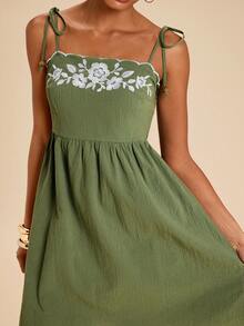 Travachic Green Floral Floral Woven Spaghetti Strap Women's Mini Dress, Suitable For Summer Vacation Garden Party Vacation Picnic Cottagecore Boho - Army Green - View 7