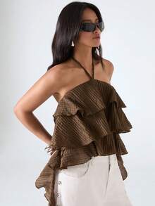 LYSMO Top halter con cuello halter y espalda descubierta con volantes, sexy para el verano - Café integral - Ver 3