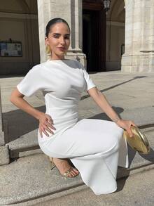 不对称领口开衩连衣裙 - 白色 - 查看 3