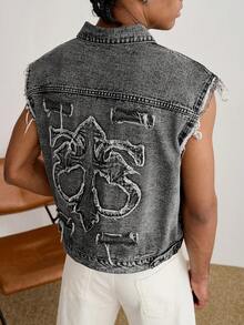 GALLERY FADE Chaleco vaquero casual de moda callejera para hombres con bordado, gris oscuro - Gris Oscuro - Ver 2