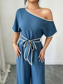 Rafferiza Casual Vacation Asymmetrical Shoulder Textured Soft Elastic Waist Comfortable Slimming Wide Leg Pants, Khaki, Spring/Summer - Blue - View 2