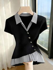 Franclia Women's Black And White Striped Elegant Smart Casual Contrast Color Collar Long Sleeve Pleated T-Shirt Office Brunch Summer - Black - View 2