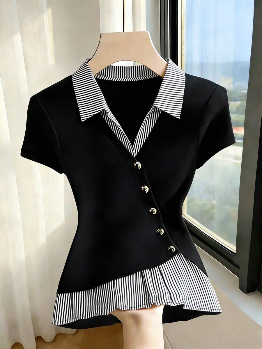 Franclia Women's Black And White Striped Elegant Smart Casual Contrast Color Collar Long Sleeve Pleated T-Shirt Office Brunch Summer